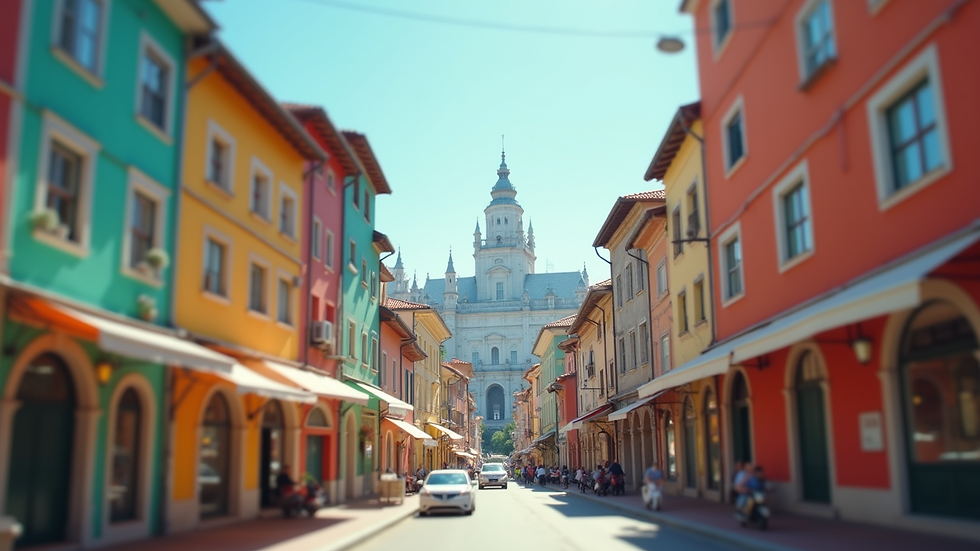 Eye-level view of a vibrant cityscape with colorful buildings