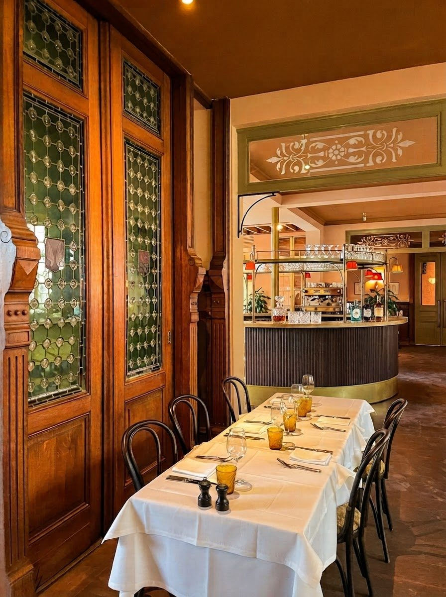 Sfeervolle eetzaal van Brasserie Steytelinck in Wilrijk, Antwerpen — gedekte tafels, groen houtwerk en weelderige planten in een warm, Bourgondisch decor.