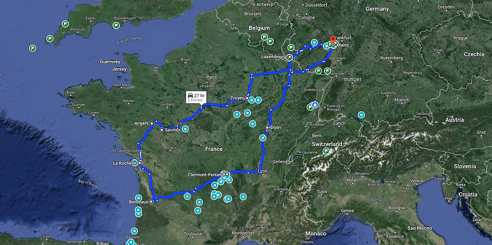 MiniWurm's roadtrip road through France