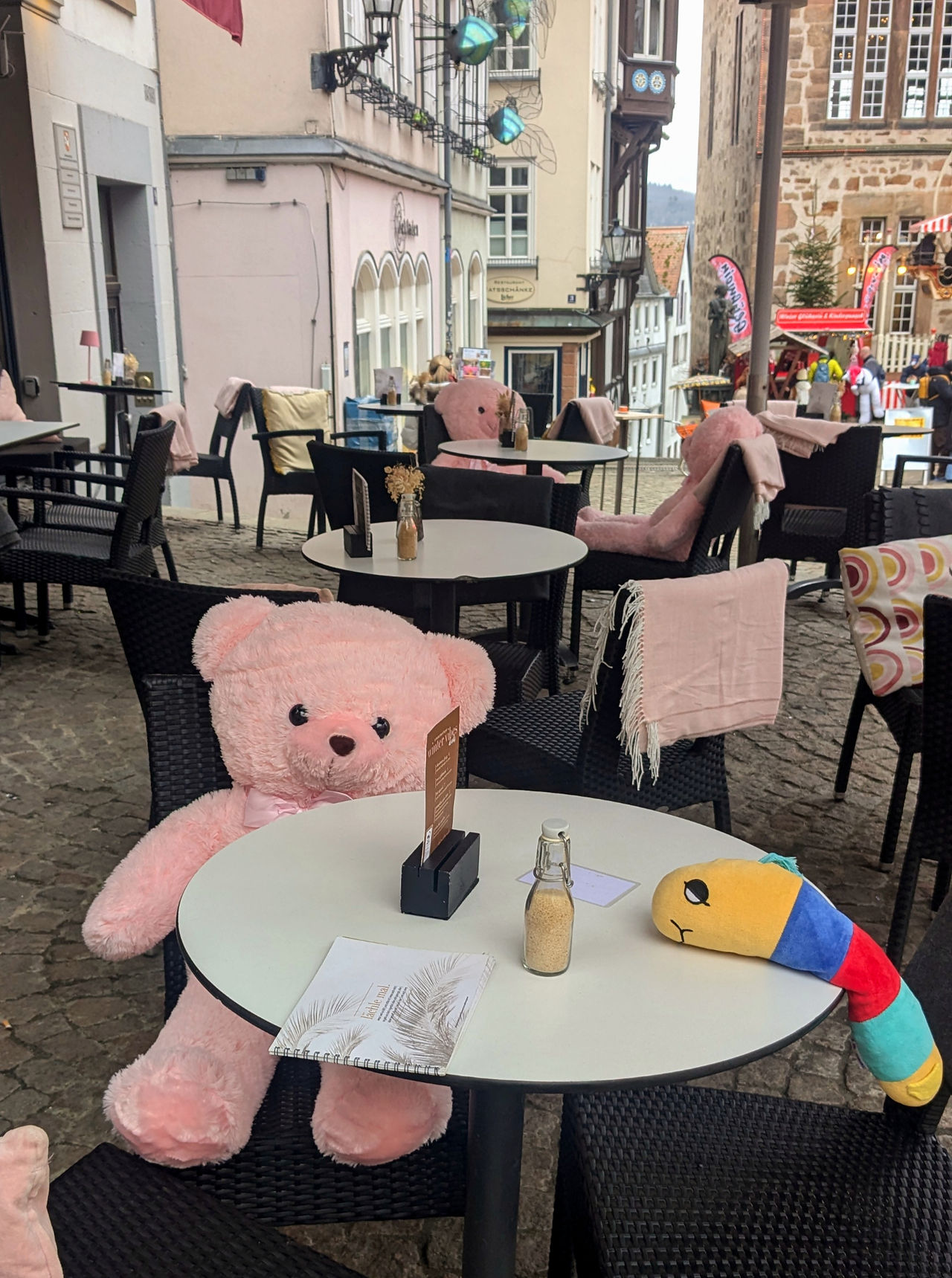 MiniWurm meets a teddy bear at a cafe in Marburg