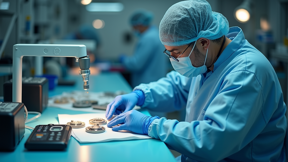 High angle view of a quality control technician inspecting medical device components