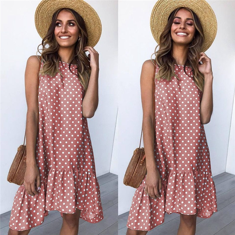 Thumbnail: Polka Dot Chiffon Sleeveless Mini Casual Yellow Sundress