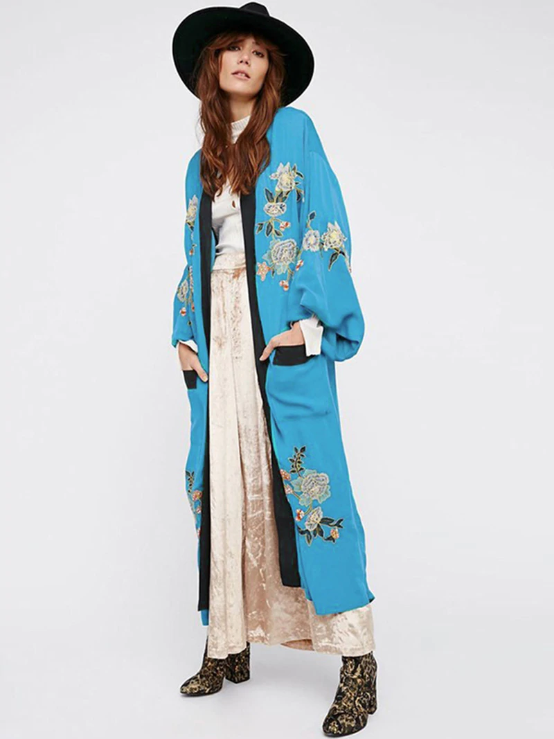 Thumbnail: Fitshinling Bohemian Holiday Beach Kimono Outing Pockets Embroidery  Oversized