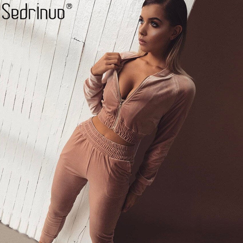 Thumbnail: Casual Two Piece Sets  Long Sleeve Crop Top and Long Pants 2 Pieces Sets