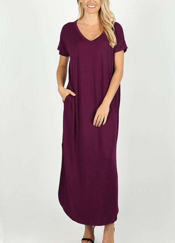 Thumbnail: Short Sleeved Side Slit Oversized V-Neck Pocket Maxi Dress
