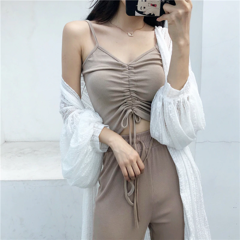 Thumbnail: Drawstring Knitted Tank Top Solid All Match Casual Short Camis v Neck New Design