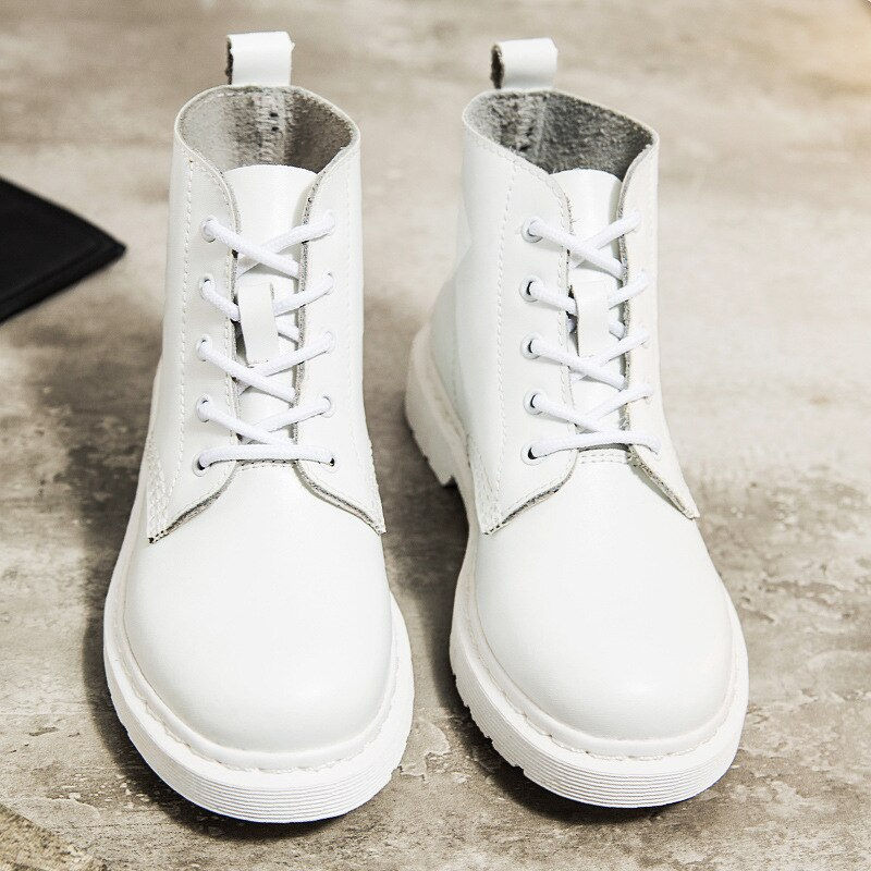 Thumbnail: Soft Split Leather Women White Ankle Boots Motorcycle