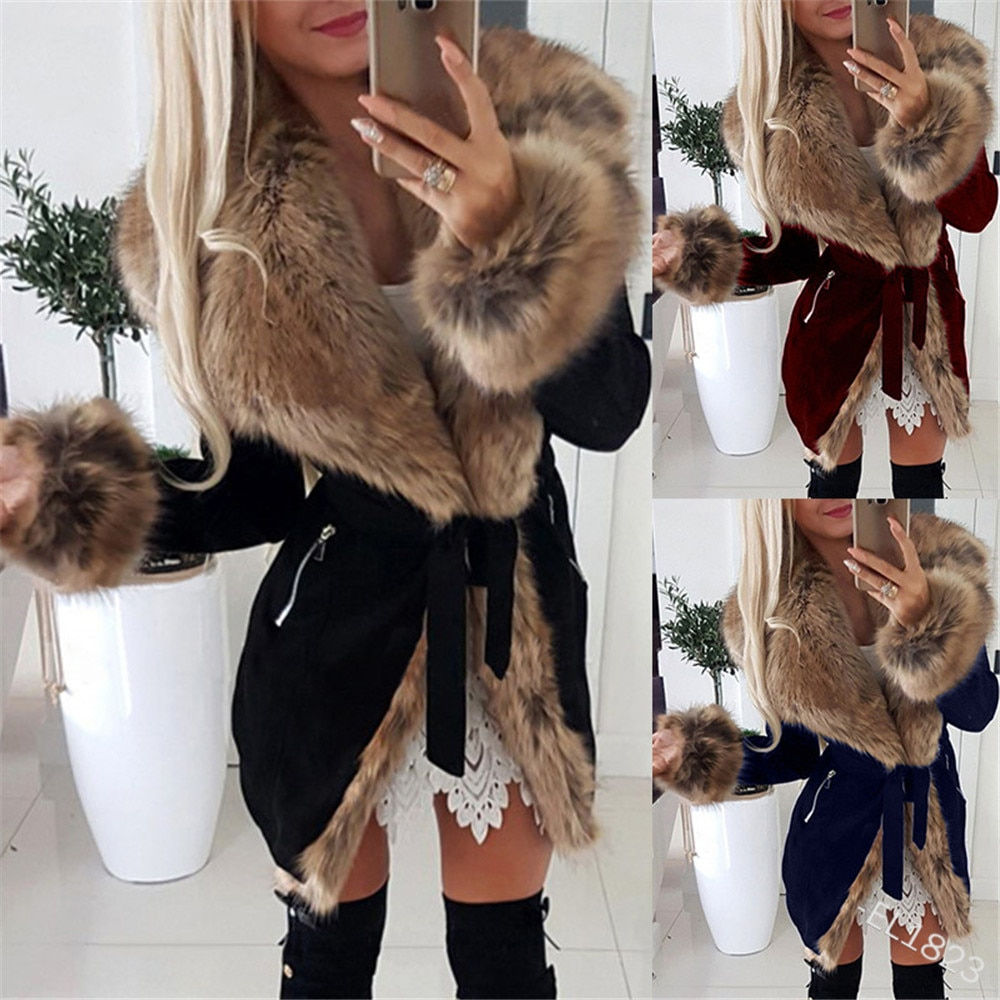Oversized Jacket Women Fur Hooded Slim Drawstring Long Sleeve Thicken