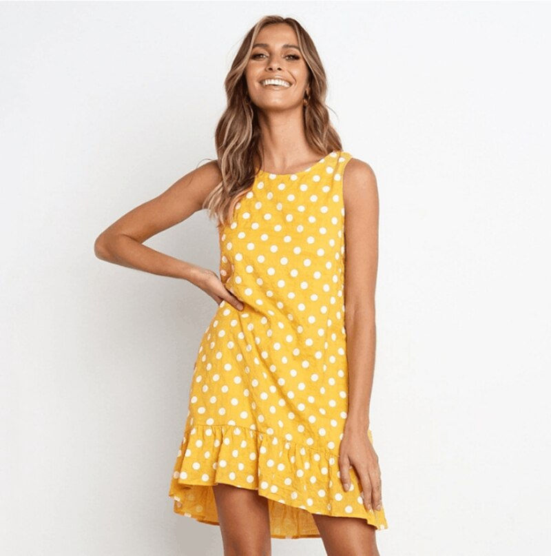 Thumbnail: Polka Dot Chiffon Sleeveless Mini Casual Yellow Sundress