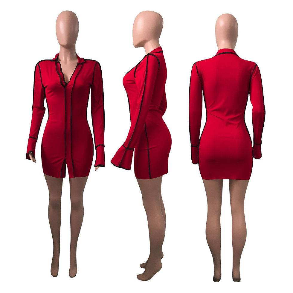 Thumbnail: Ribbed Mini Split Dress v Neck Long Flare Sleeve Bodycon Casual