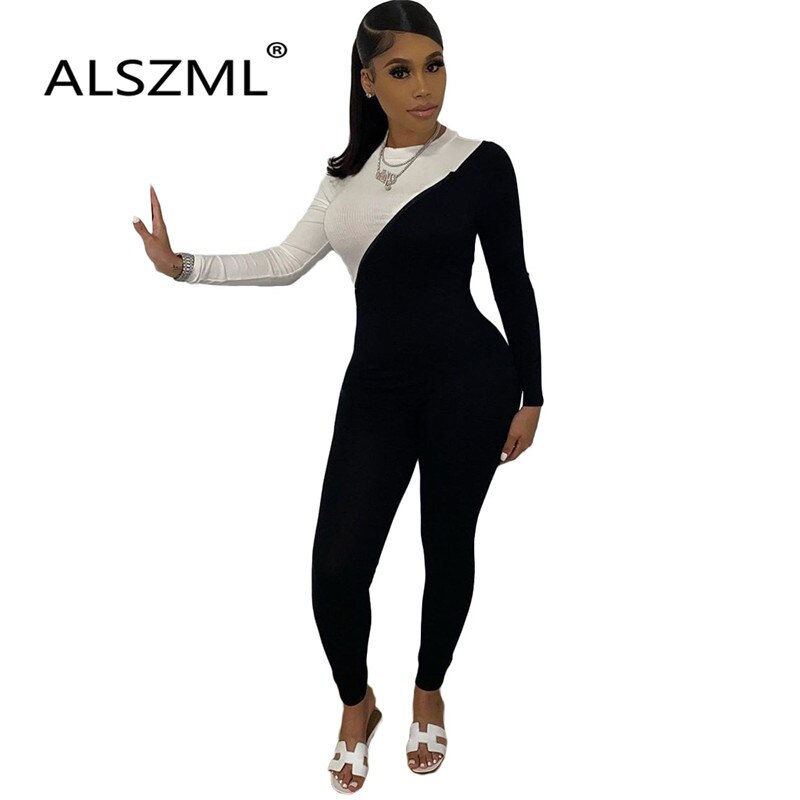 Thumbnail: White Black O Neck Long Sleeve Skinny Jumpsuits
