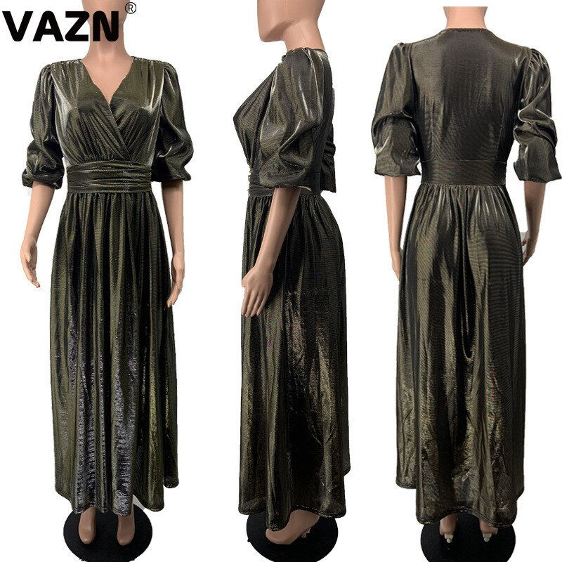 Thumbnail: Golden Solid Ankle-Length Dress Full Sleeve Deep V-Neck Vent