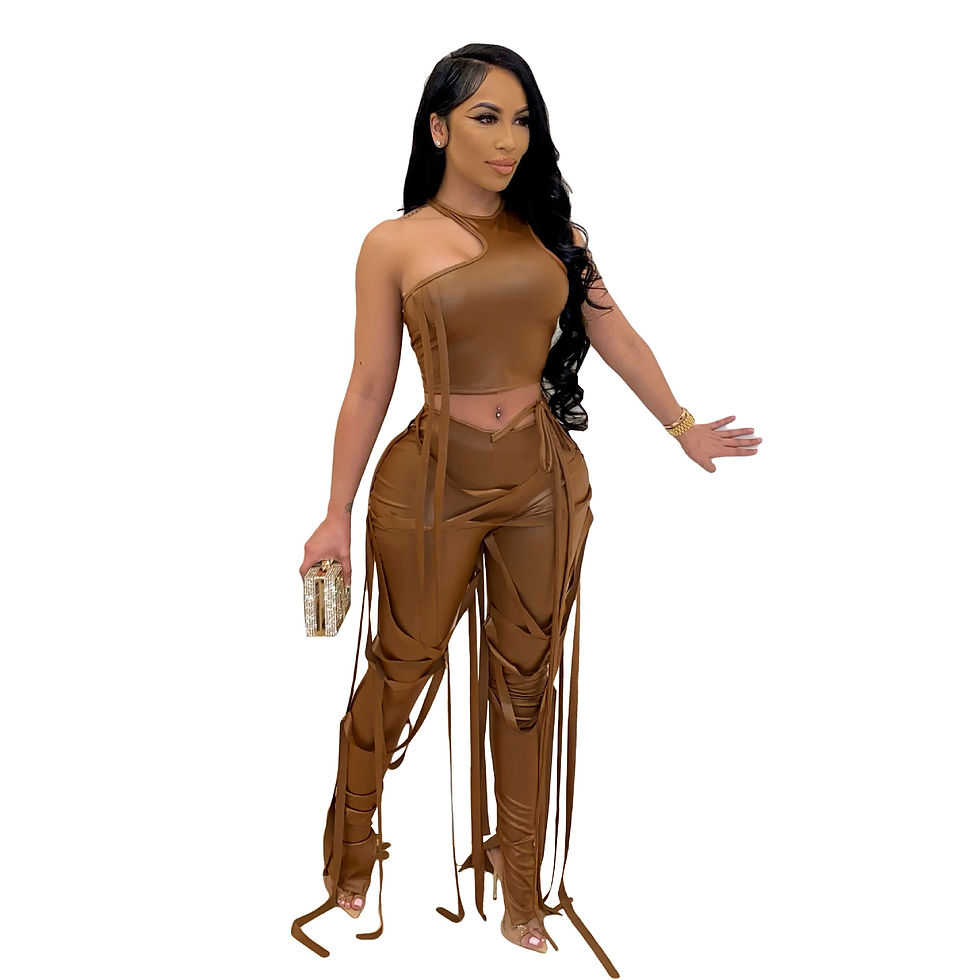 Thumbnail: Leather Two Piece Pant Set Crop Top Bandage With Strings 2 Piece Pants Set