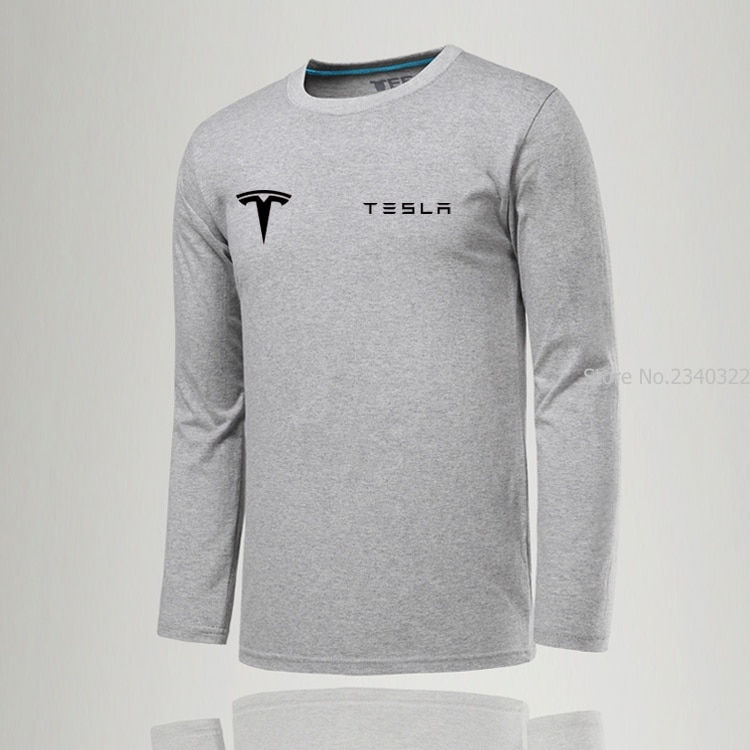 Thumbnail: O-Neck Solid Men Tesla T-Shirt Casual Long Sleeve Slim Clothes
