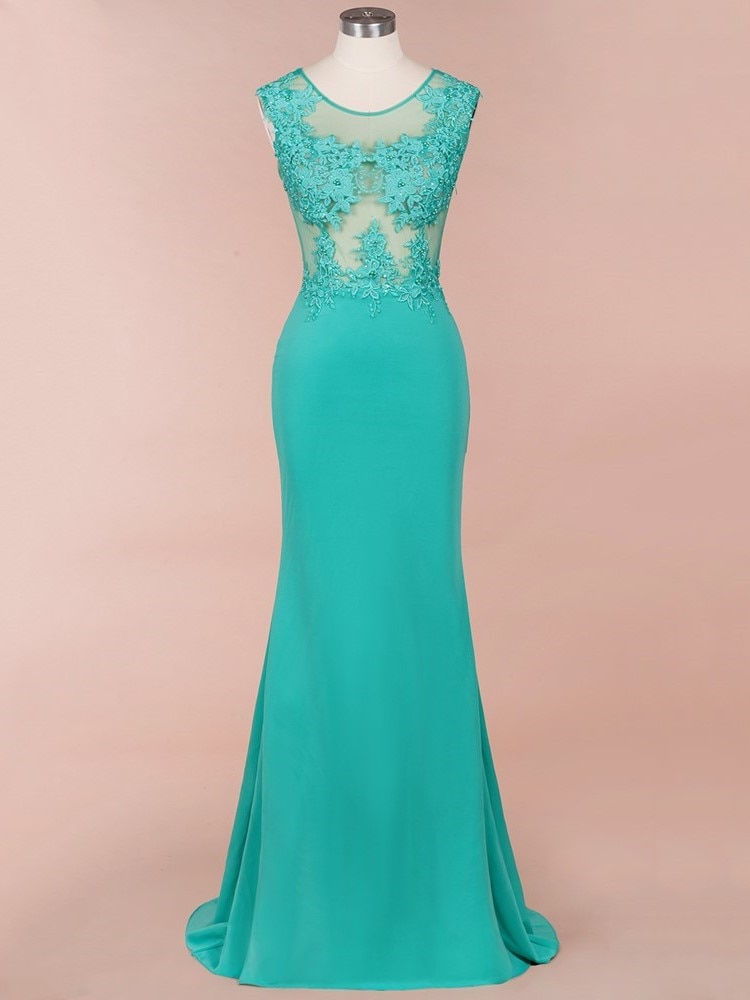 Thumbnail: Green Lace Mermaid Prom Dresses Illusion Sleevess