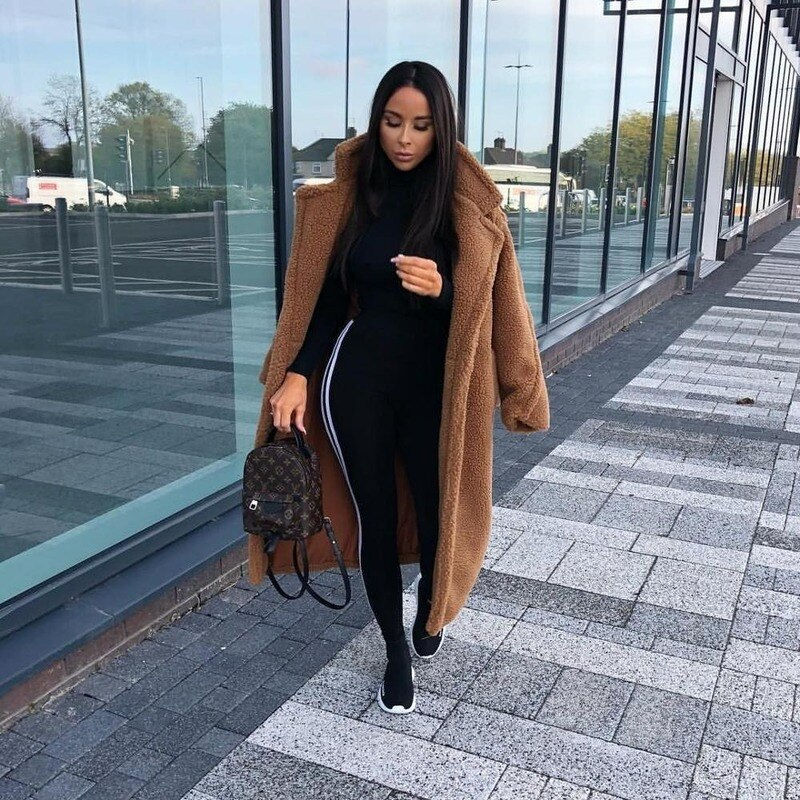 Thumbnail: Khaki Teddy Long Coat  Outfits Warm Long Jacket Long Sleeve Turn-Down Collar