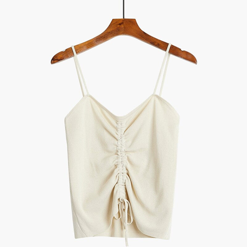 Thumbnail: Drawstring Knitted Tank Top Solid All Match Casual Short Camis v Neck New Design