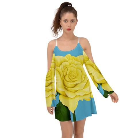 Thumbnail: Yellow Aqua Rose Kimono Sleeves Womens Boho Dress