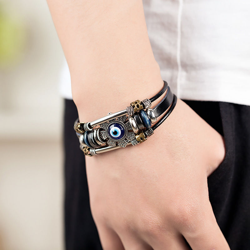 Thumbnail: Punk Turkish Evil Eye Stainless Steel Bend Multilayer Leather Bracelet