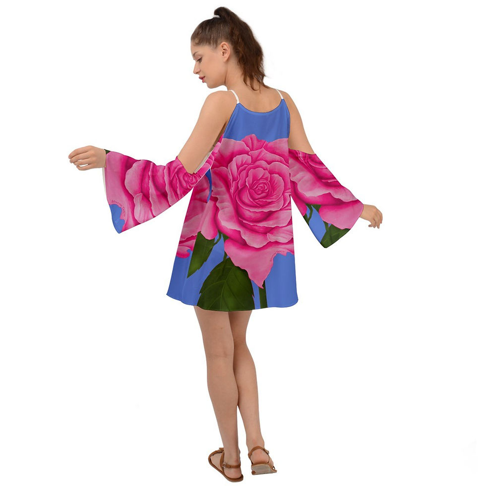 Thumbnail: Pink Blue Rose Kimono Sleeves Boho Dress
