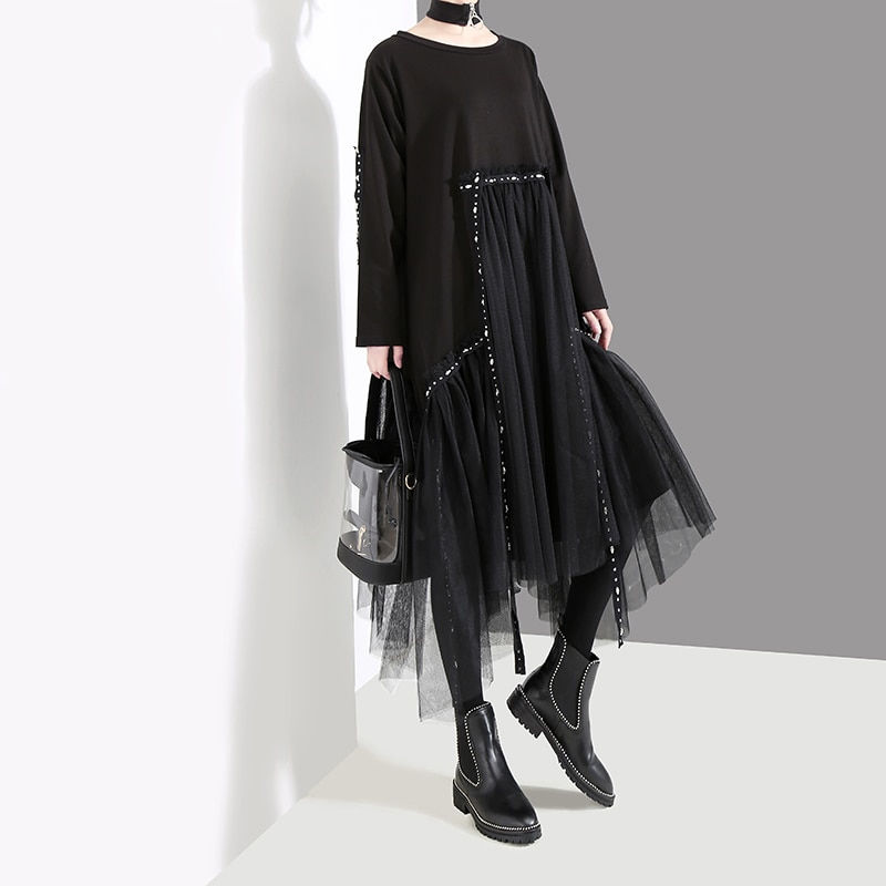 Thumbnail: Plus Size Winter Solid Black Loose Dress Long Sleeve Mesh Overlay Tapes