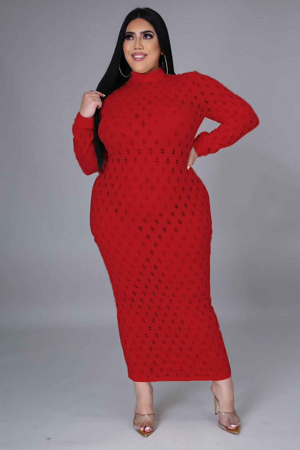 Thumbnail: XL-5XL Plus Size Women Solid Hollow Out Maxi Dress Long Sleeve