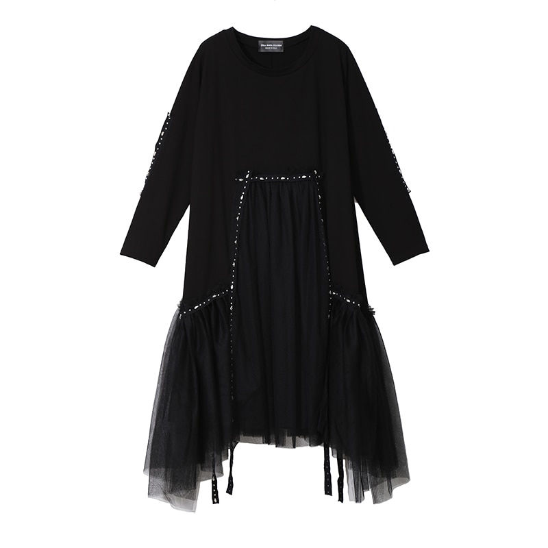 Thumbnail: Plus Size Winter Solid Black Loose Dress Long Sleeve Mesh Overlay Tapes