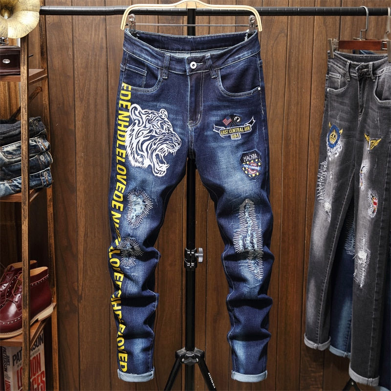 Thumbnail: Denim Slim Fit Pants Trousers Blue Biker Printing Jeans