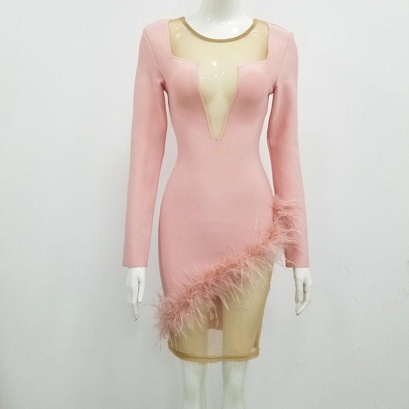 Thumbnail: High Quality Pink Long Sleeve Feathers Hollow Out Rayon Bandage