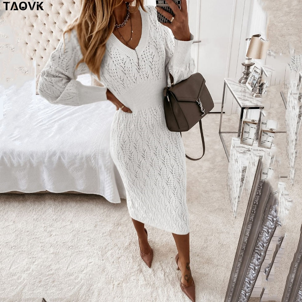 Thumbnail: Knitted V-Neck Hollow Lantern Sleeve Knit Dress