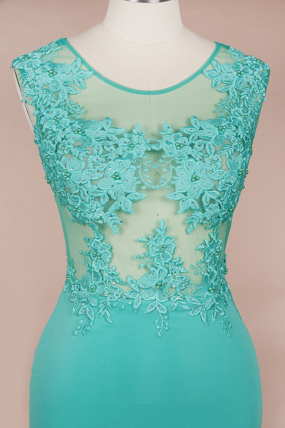 Thumbnail: Green Lace Mermaid Prom Dresses Illusion Sleevess