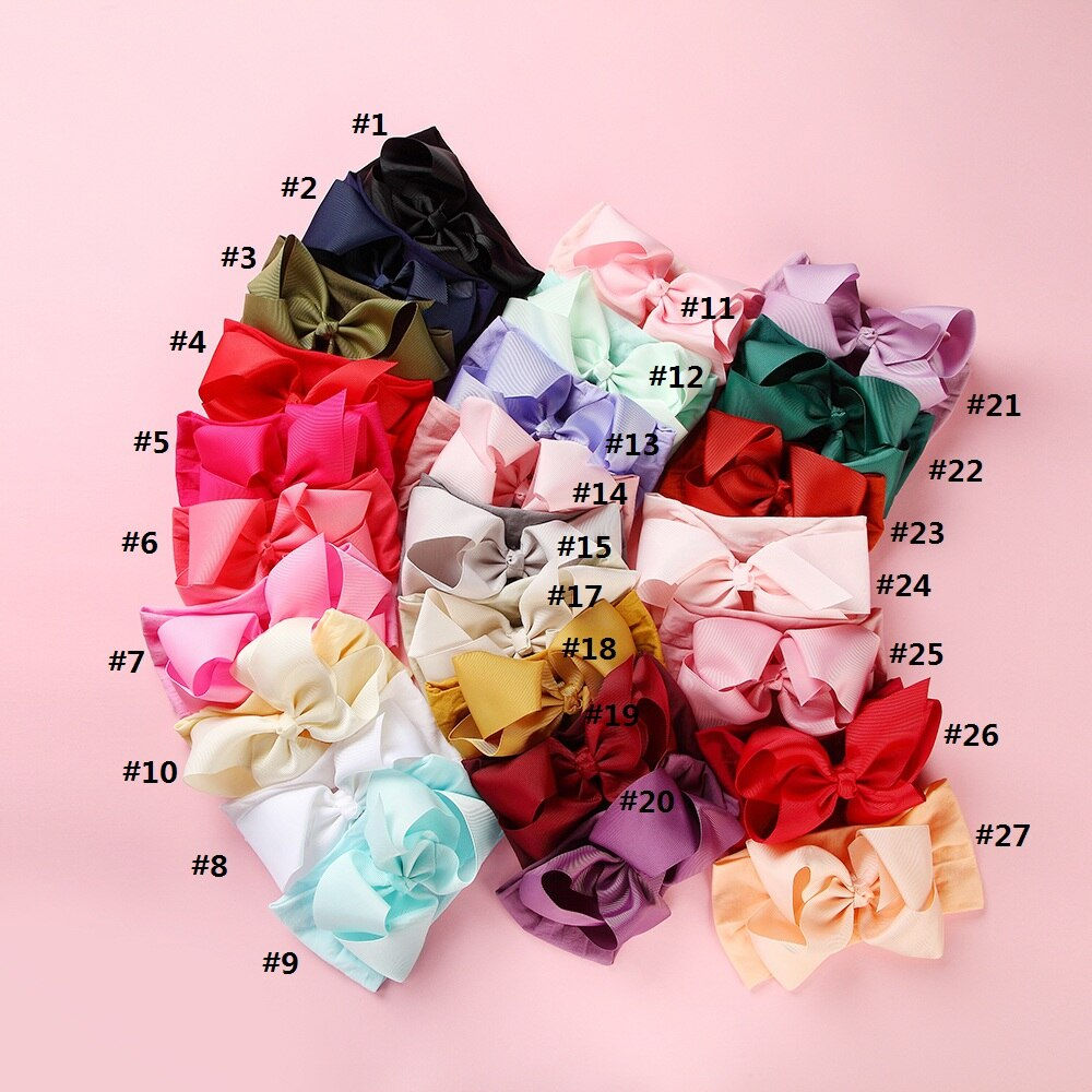 30pc/Lot Kids Soft Bowknot Nylon Headbands,Large 5" Solid Ribbon Hair Bow Match