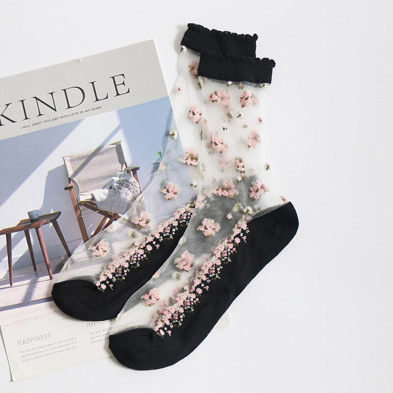 Thumbnail: 1 Pair Breathable Ultra Thin Socks Summer Transparent Lace Silk Crystal Rose