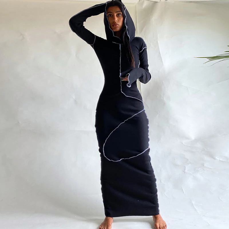 Thumbnail: Long Sleeve Hooded Patchwork Skinny Maxi Dress Autumn