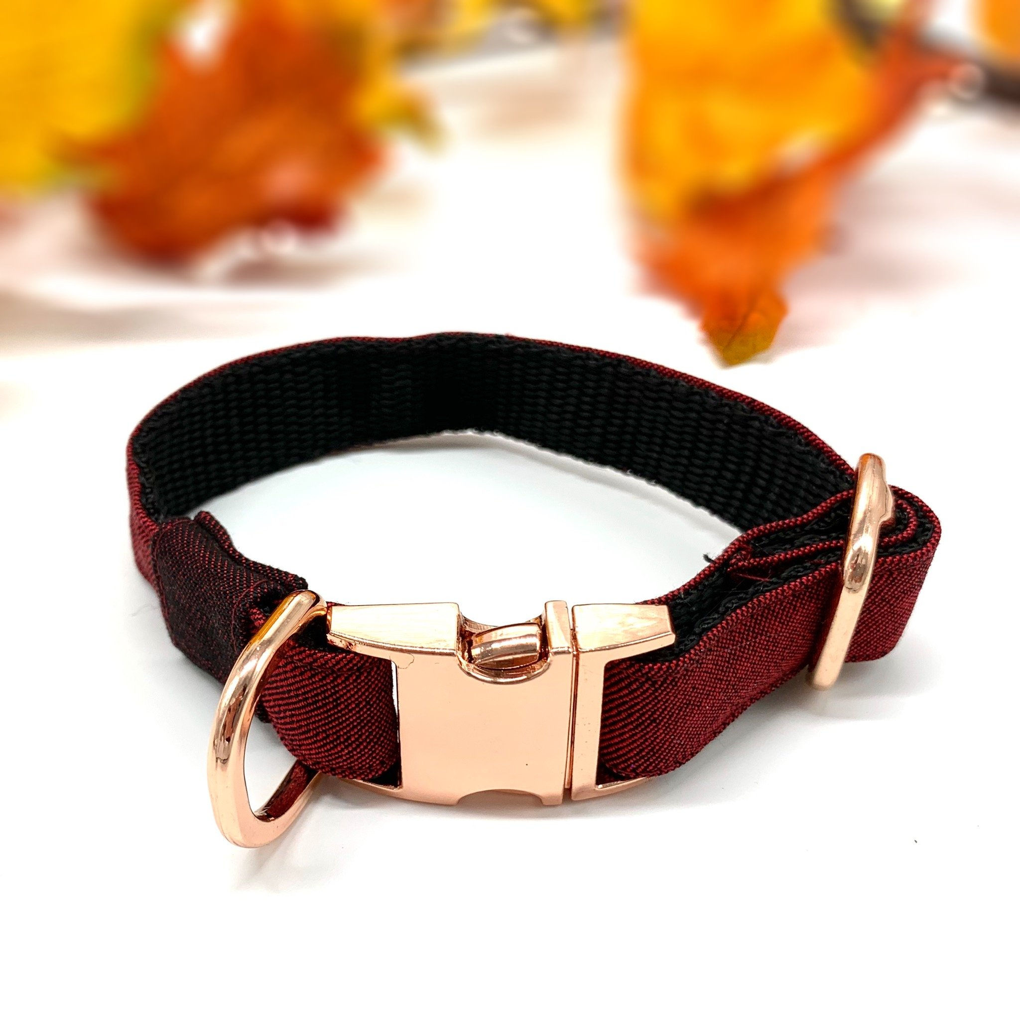 Light Burgundy Denim Dog Collar With Rose Gold Hardware