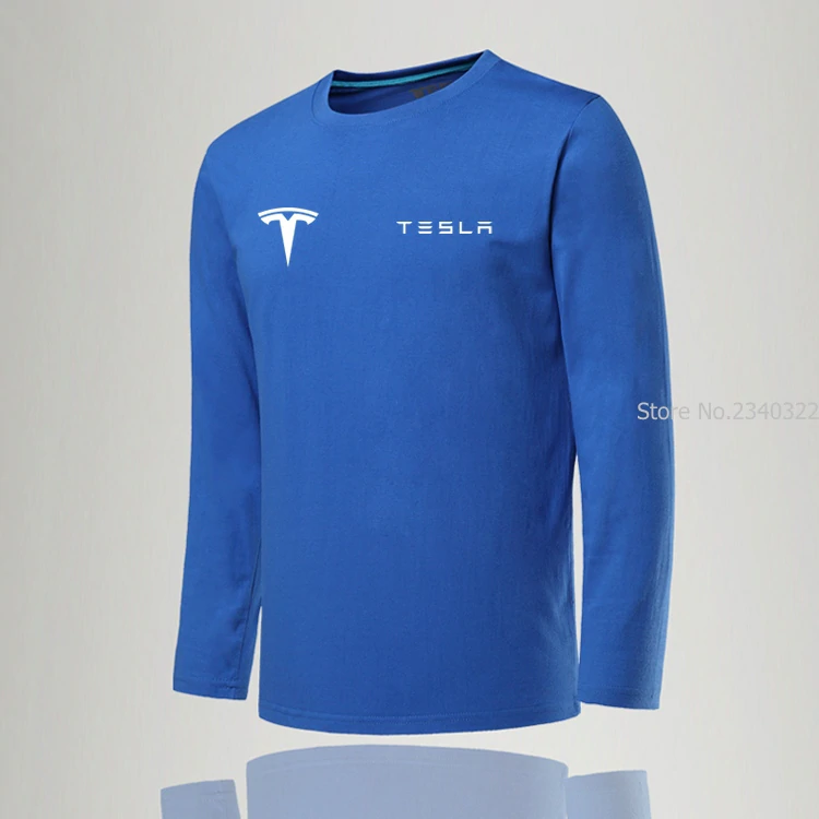 Thumbnail: O-Neck Solid Men Tesla T-Shirt Casual Long Sleeve Slim Clothes
