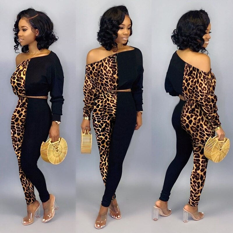 Thumbnail: Plus Size Tracksuit Women Two Piece Set Top and Pants Fall Sexy Leopard