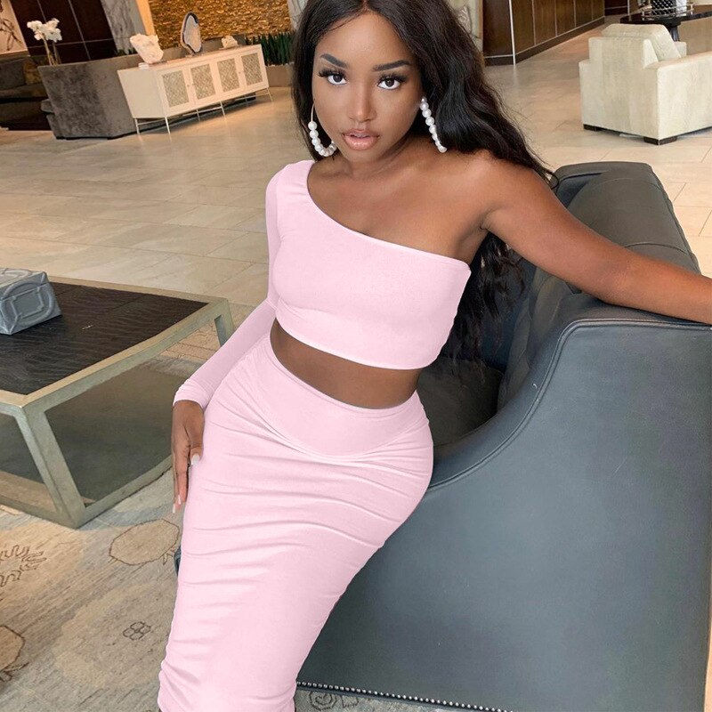 Thumbnail: 2 Piece Set Skirt and One Shoulder Long Sleeve Crop Top Fall Clothes