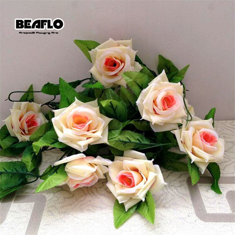 Thumbnail: 2.4m Silk Artificial Roses Flowers Rattan String Vine With Green Leaves for Home