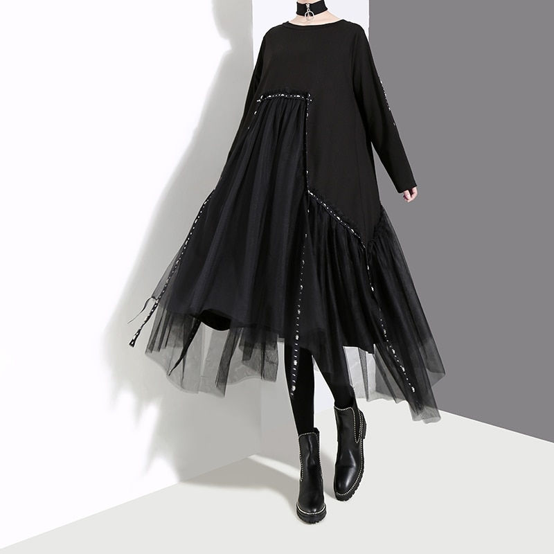 Thumbnail: Plus Size Winter Solid Black Loose Dress Long Sleeve Mesh Overlay Tapes