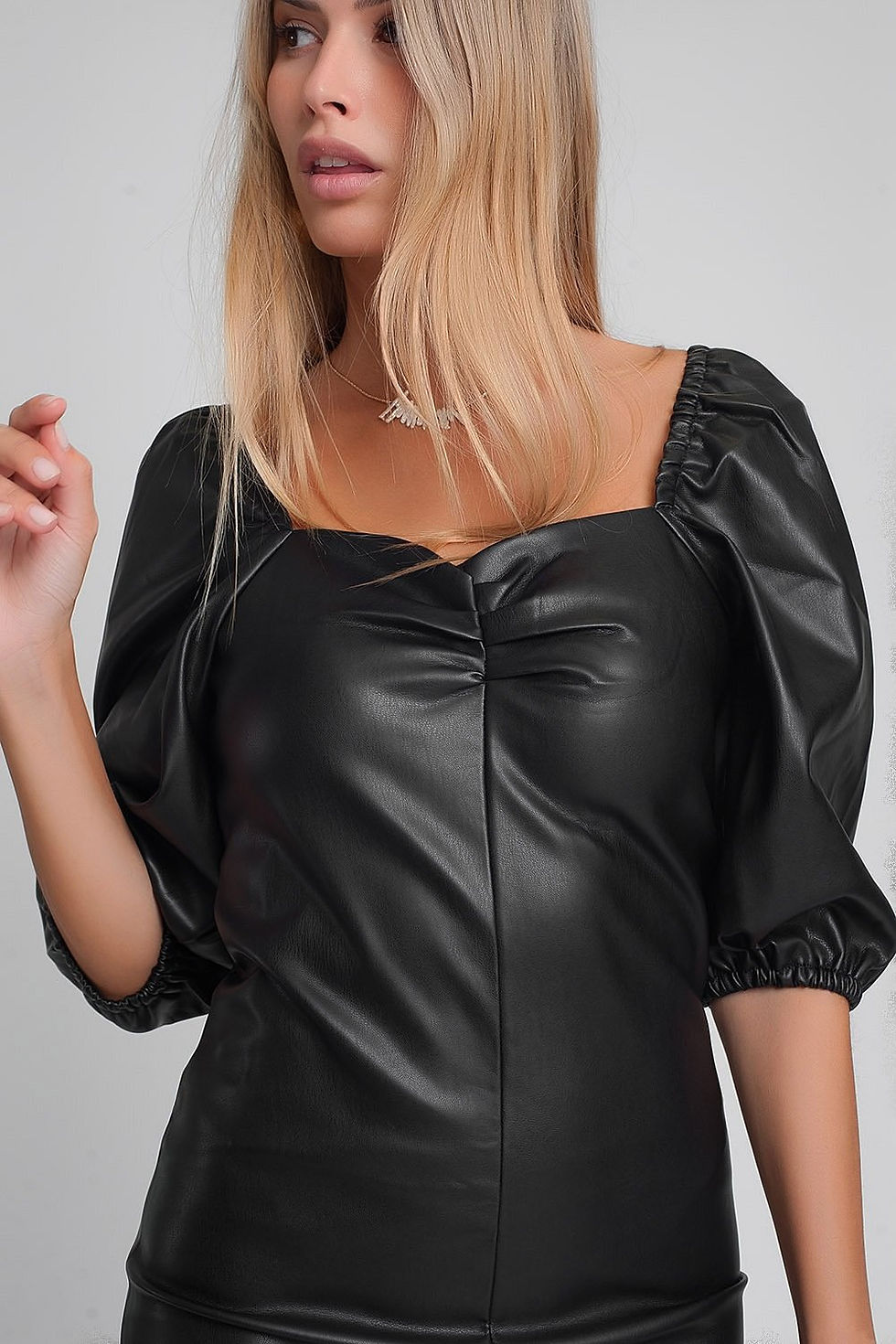 Thumbnail: Faux Leather Mini Dress With Puff Sleeves in Black