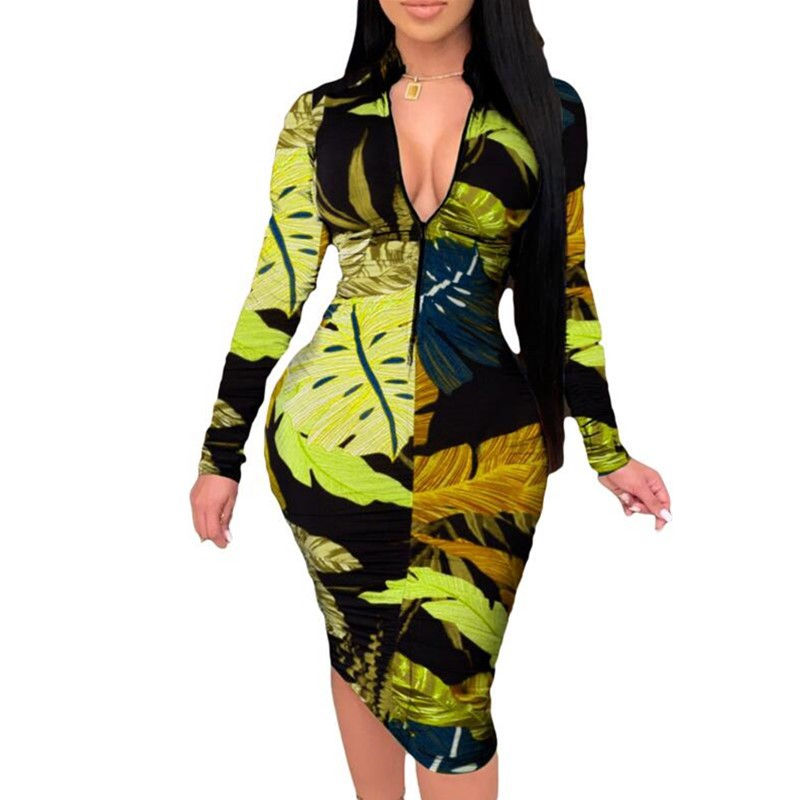 Thumbnail: Deep V-Neck Tight Fall Long Sleeve  Print Bodycon Dress Modest Dresses