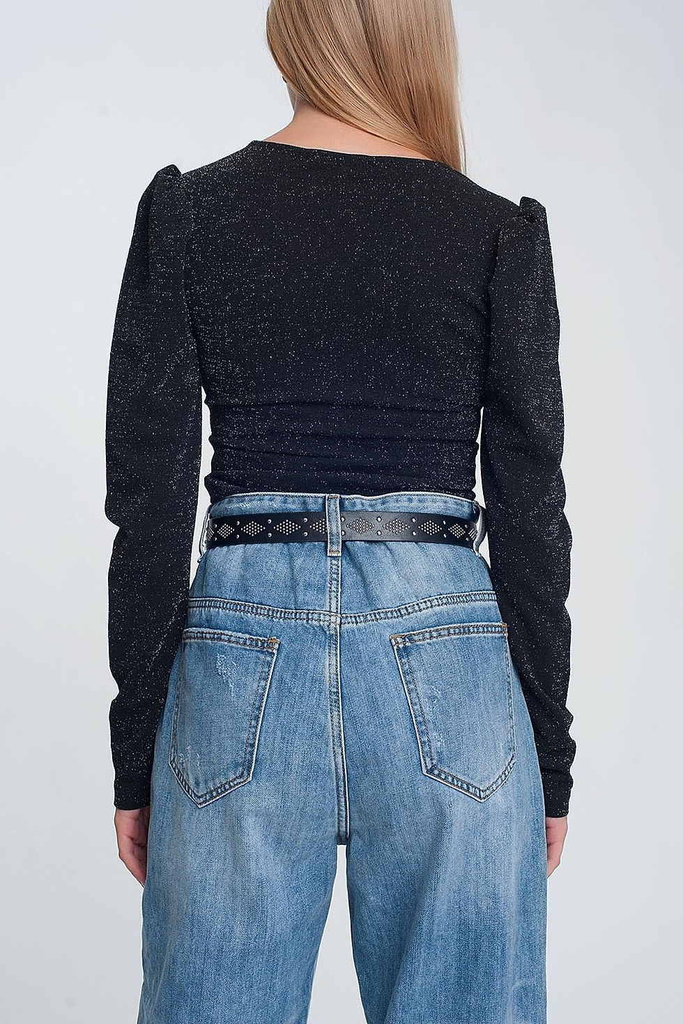 Thumbnail: Glitter Long Sleeve v Neck Body in Black