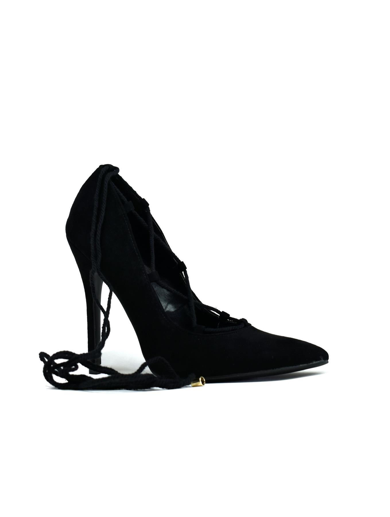 Lace Up Classic Pump Heel Black Faux Suede