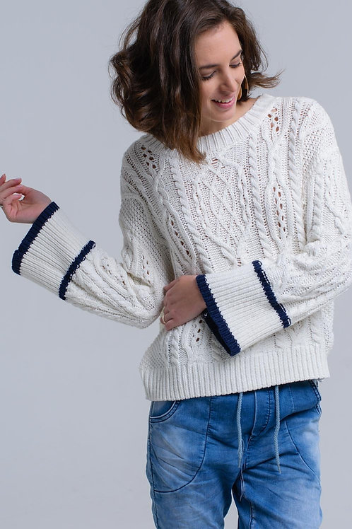 Cream Cable Sweater With Stripe Detail