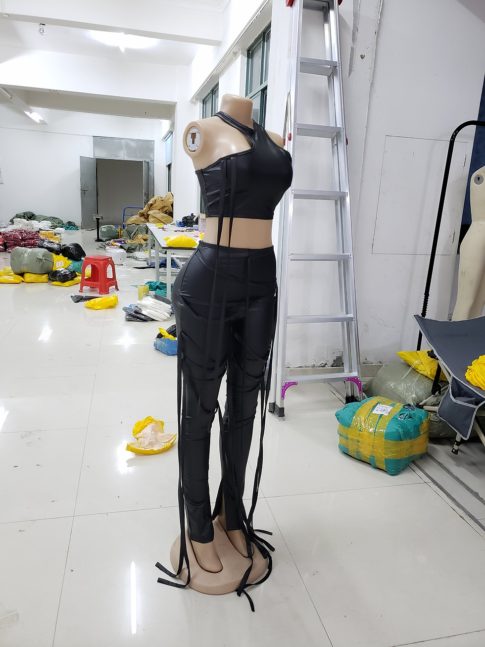 Thumbnail: Leather Two Piece Pant Set Crop Top Bandage With Strings 2 Piece Pants Set
