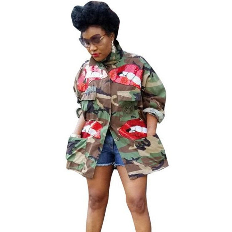 Thumbnail: Autumn Winter Sequin Lip Camouflage Camo Jacket Coat High Neck Button-Up Pockets
