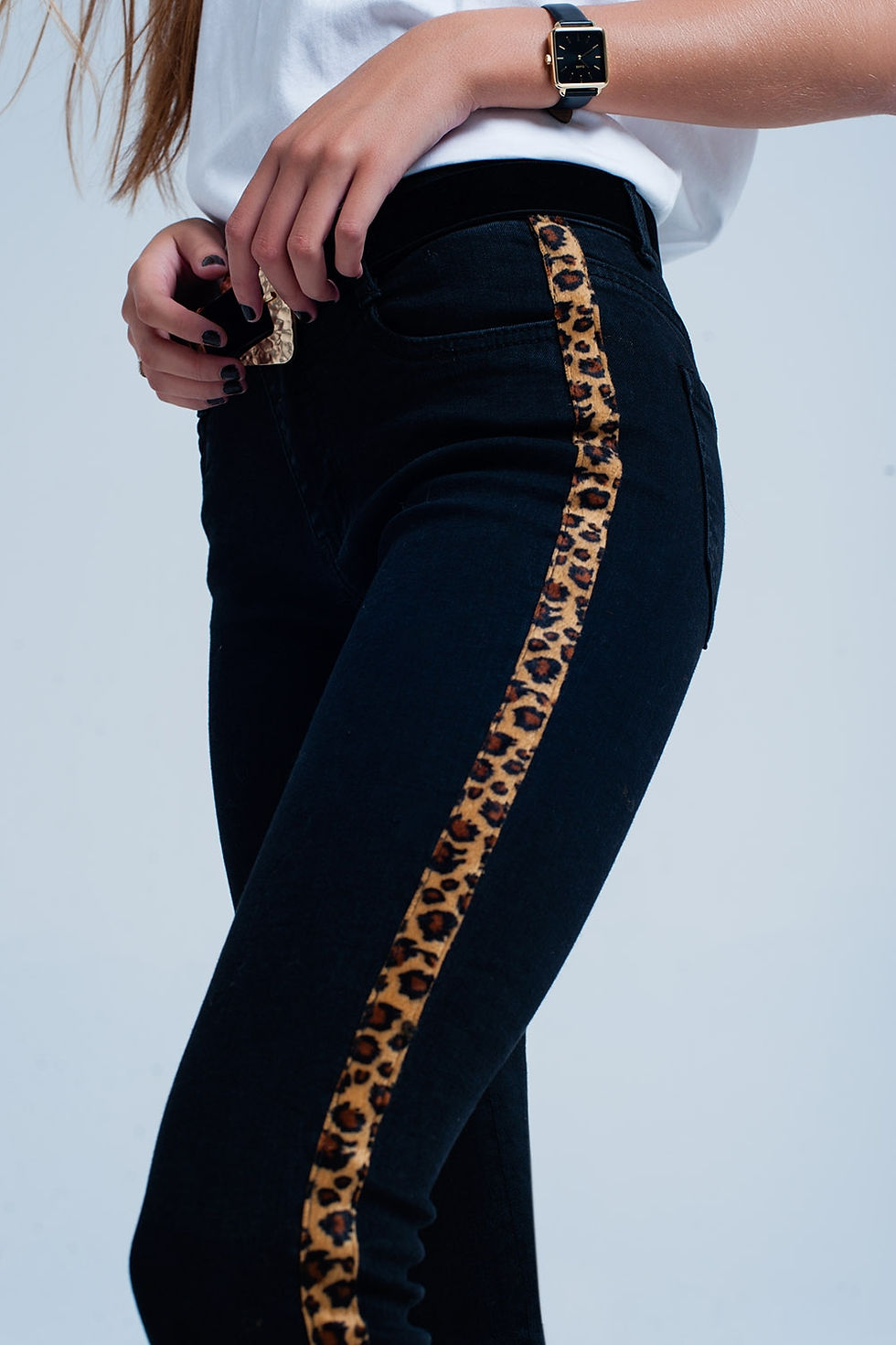 Thumbnail: Black Skinny Jeans Leopard Side Stripe