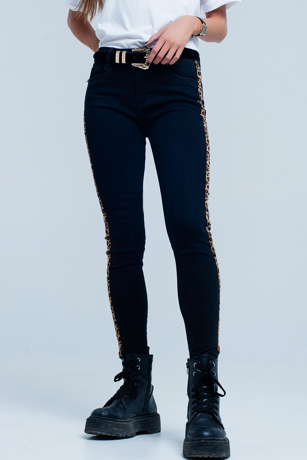 縮圖：Black Skinny Jeans Leopard Side Stripe