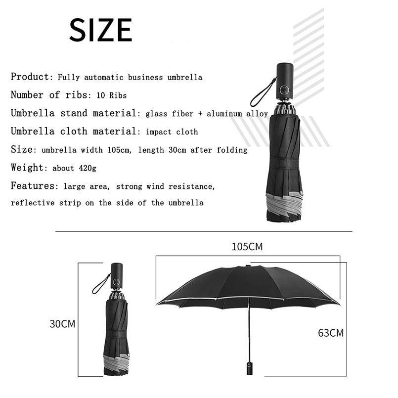 Thumbnail: Automatic Umbrella Reverse Folding Business Umbrella With Reflective Strips